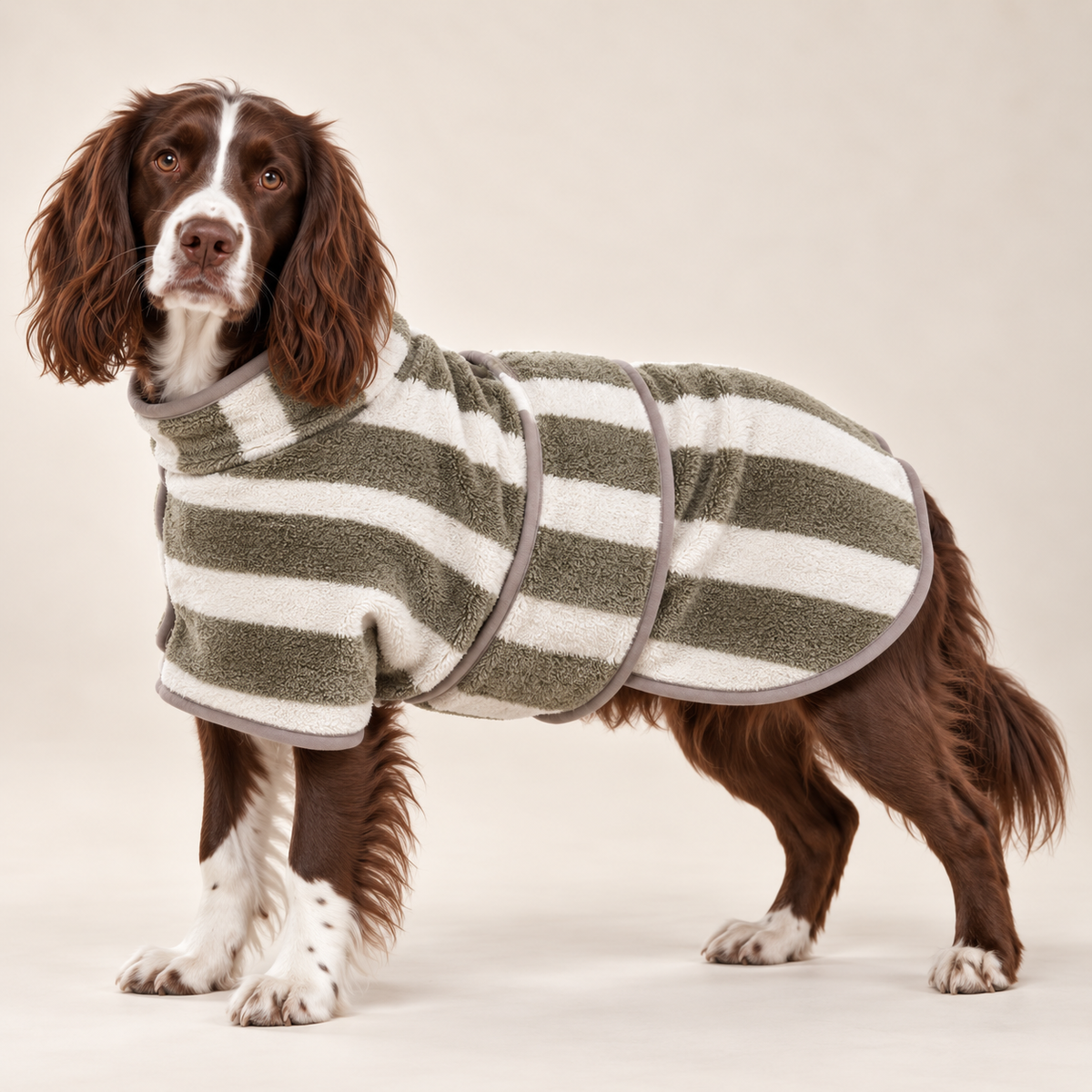 Springer spaniel wearing the Olive Stripes WoofWears dog drying robe, side view