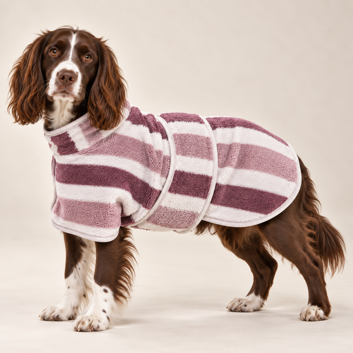 Springer spaniel wearing the Red Stripes WoofWears dog drying robe, side view