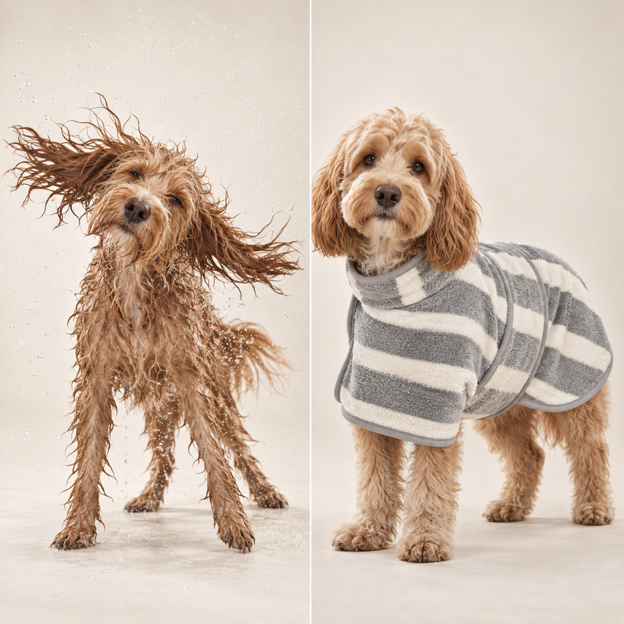 A soaking-wet doodle shaking beside a dry, calm doodle wearing the Gray Stripes WoofWears robe
