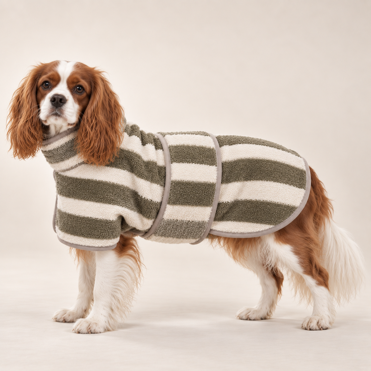 Spaniel wearing the Olive Stripes WoofWears dog drying robe