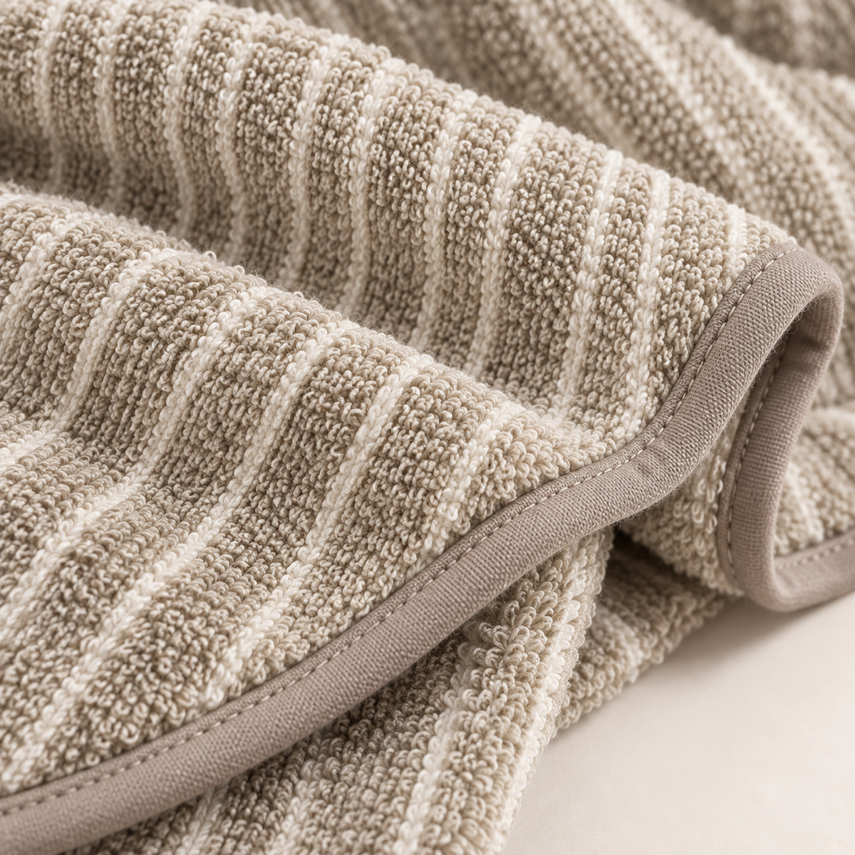 Close-up of the Tiramisu Pattern coral fleece and its bound edge
