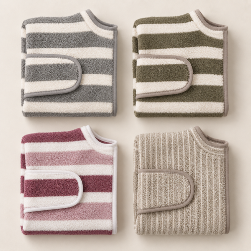 WoofWears dog drying robes folded in all four colours: Gray Stripes, Olive Stripes, Red Stripes and Tiramisu Pattern